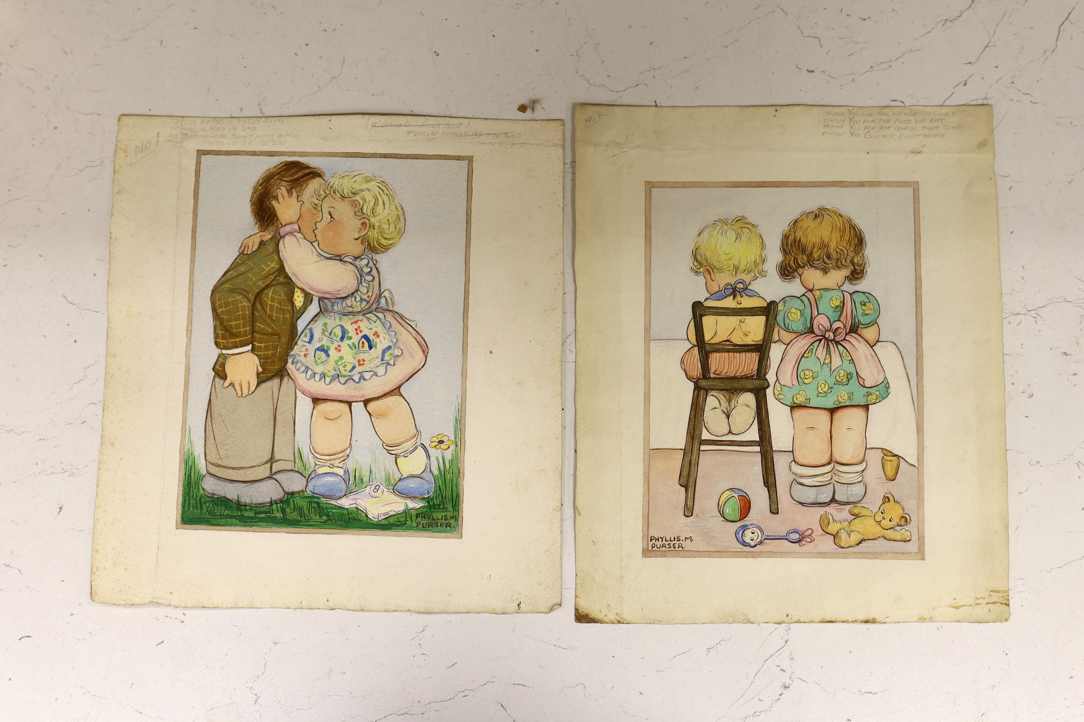 Phyllis Purser (1893-1990), six original watercolours on card for postcard designs, Humourous children, each signed with pencil annotations to the margins, unframed, 30 x 24cm